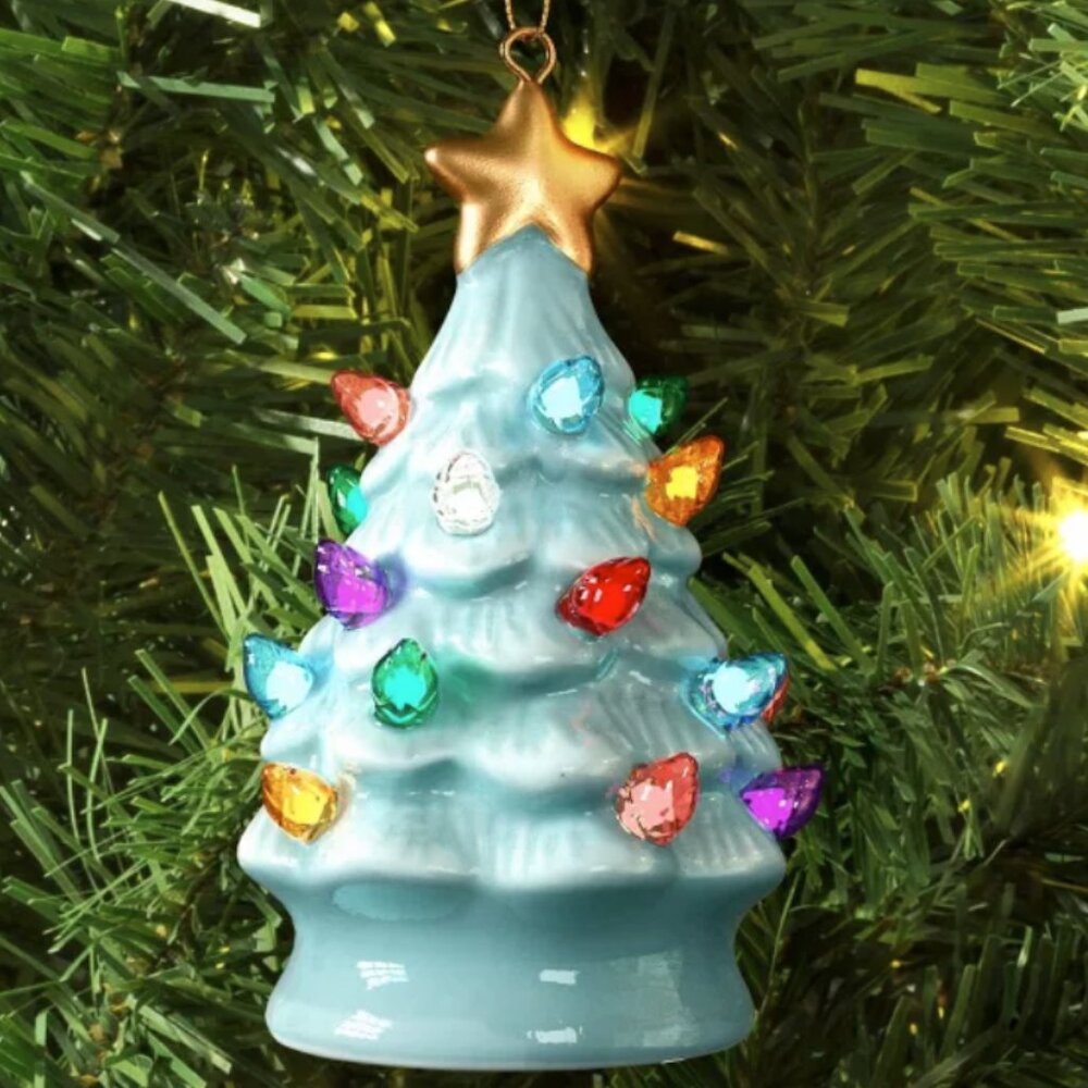 Retro Style Lighted BLUE Ceramic Christmas Tree Ornament NWT LAST ONE!
